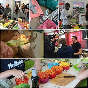 Fotocollage der Klimaschutz-Aktionen. Klimaschutzprojekte als Foto-Collage des Gymnasiums wie nachhaltiges Kochen und Energiesparprojekte.
